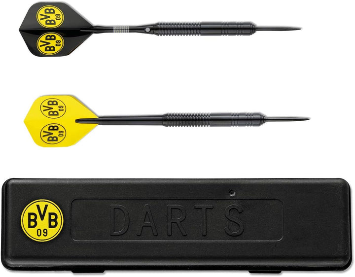Borussia Dortmund BVB-Dartpfeile mit Aufbewahrungsbox, Schwarz/gelb Bundle mit BVB-Würfelbecher-Set,