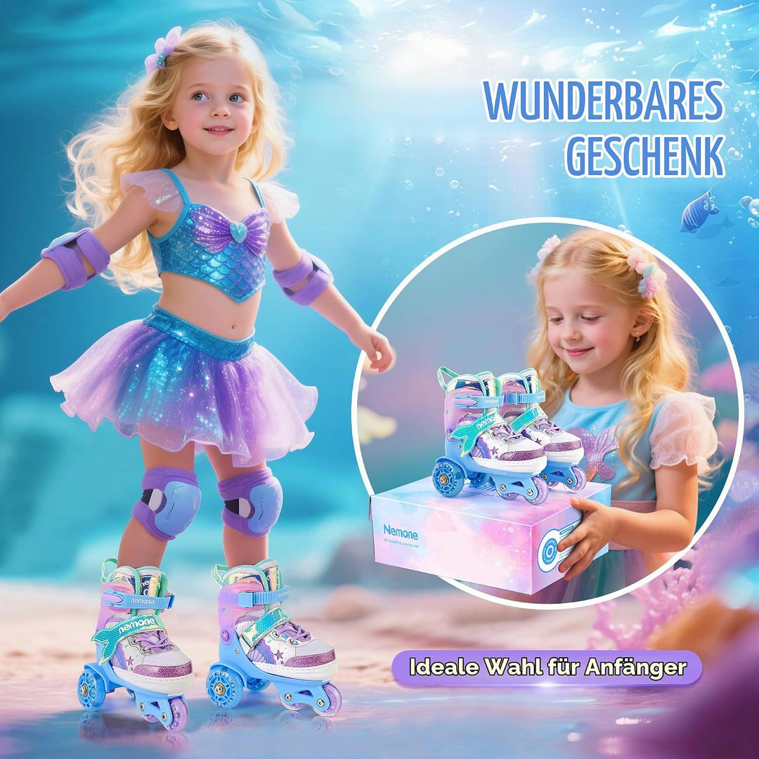 NEMONE Rollschuhe für Mädchen Kinder 4 Grössen Verstellbar Blau Violett Rollschuhe für Kinder Drinne
