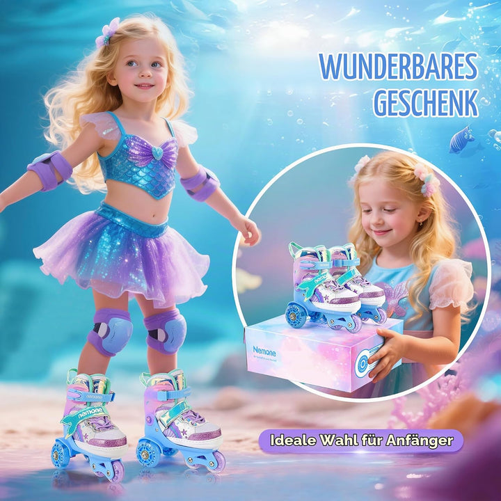 NEMONE Rollschuhe für Mädchen Kinder 4 Grössen Verstellbar Blau Violett Rollschuhe für Kinder Drinne