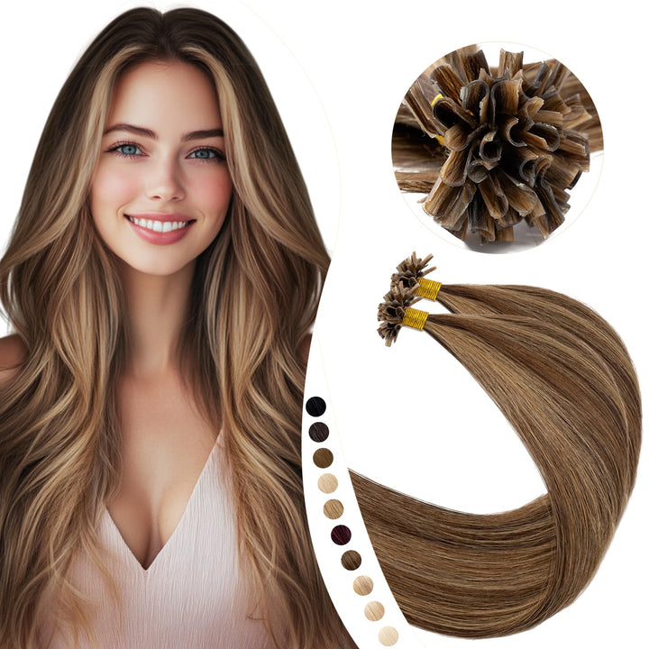 Elailite Extensions Echthaar Bonding 1g/s 50cm #4P27 Mittelbraun/Honigblond U Tip Hair Extensions Ha