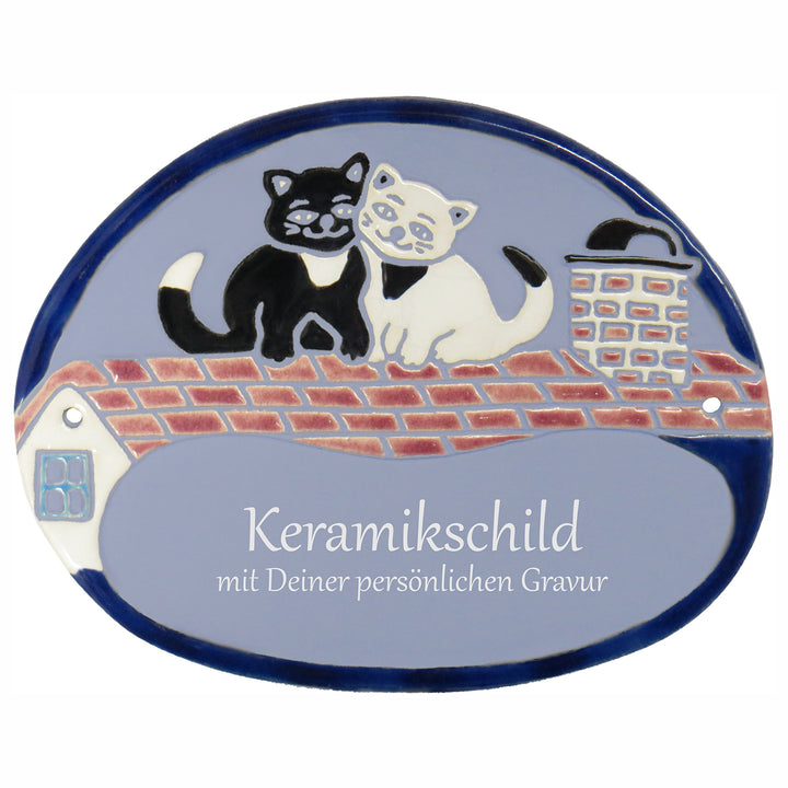 Handarbeit aus Schleswig-Holstein Keramikschild 19,0 x 15,0 cm Motiv Zwei Katzen auf Ziegeldach (hel