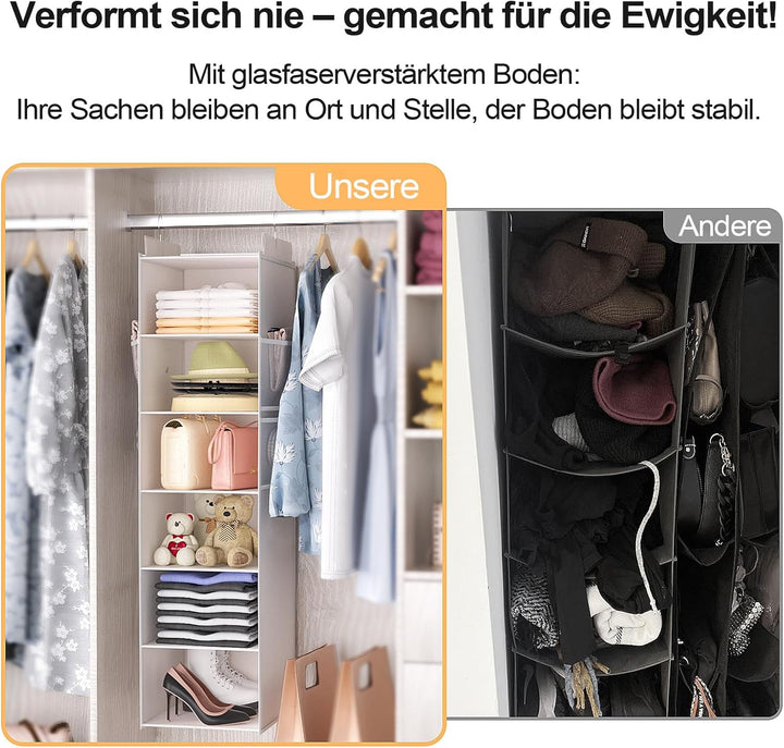 Extra Tiefer Hängeorganizer Schrank, Kleiderschrank Organizer, 6 Fächer mit Mesh-Taschen, Faltbar un