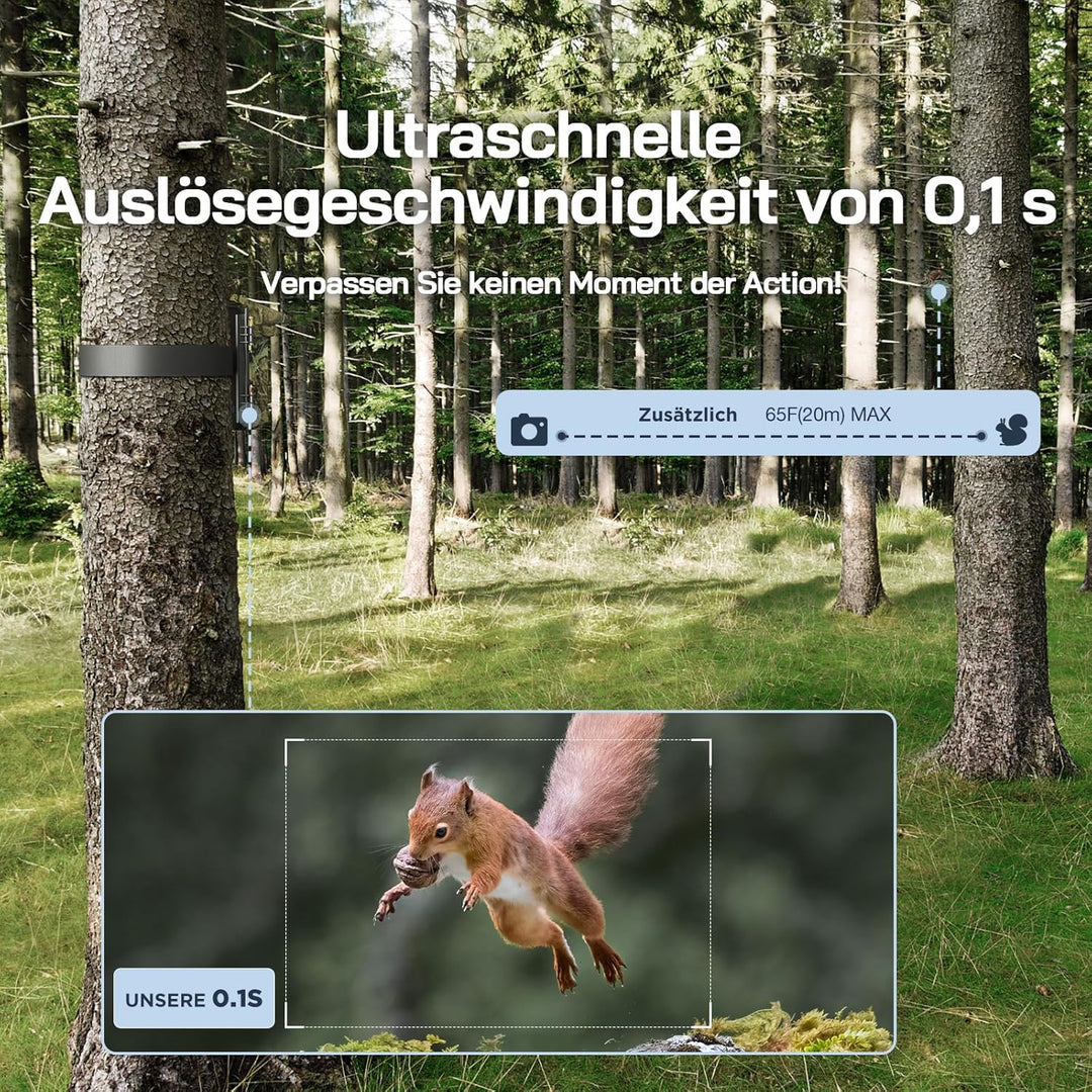 WOLFANG Solar Wildkamera 4K 46MP, WLAN Bluetooth Jagdkamera mit hervorragender Nachtsicht, Duale Str