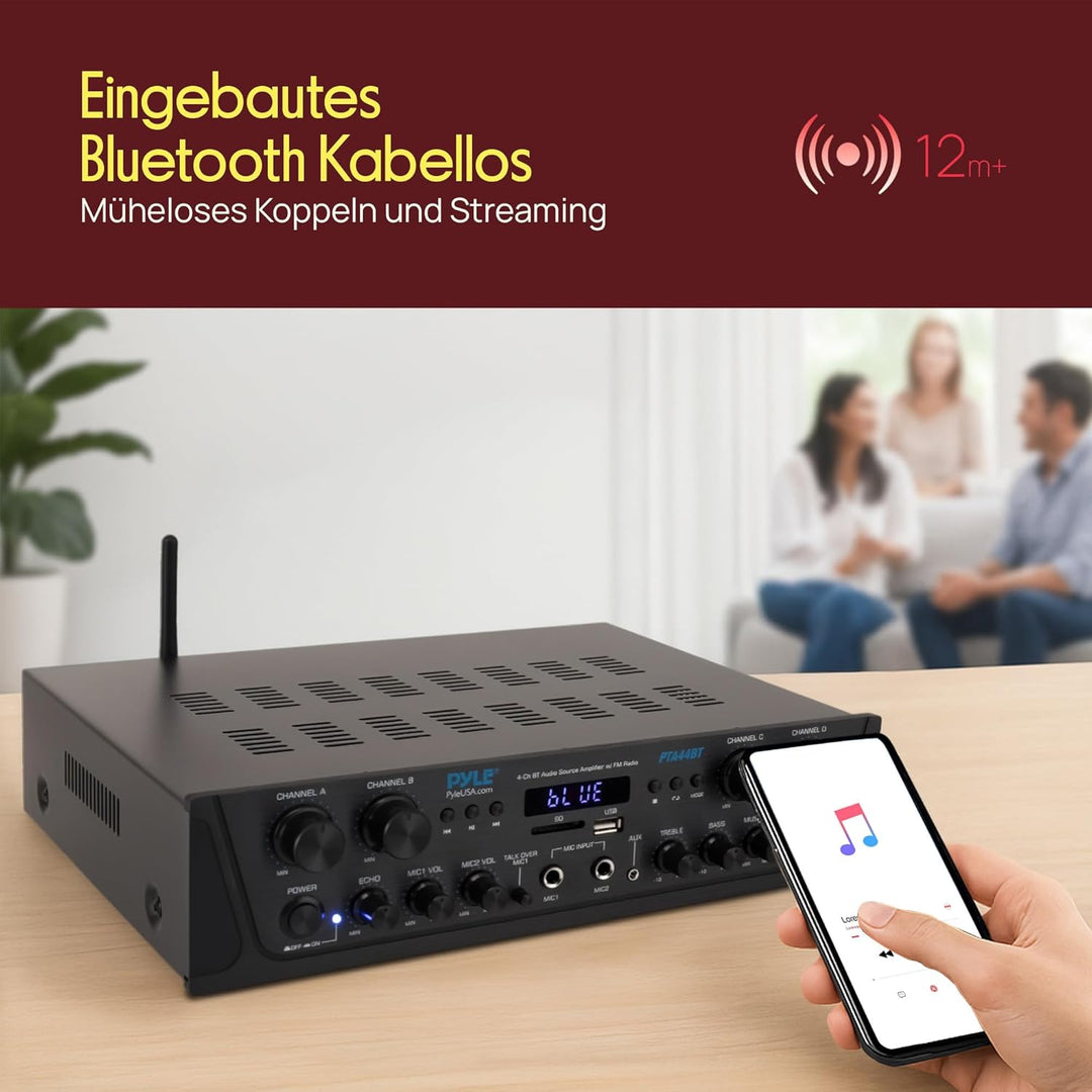Pyle Bluetooth Stereo Verstärker 500W – 4-Kanal Mini Receiver mit USB, AUX, FM-Radio, Subwoofer RCA