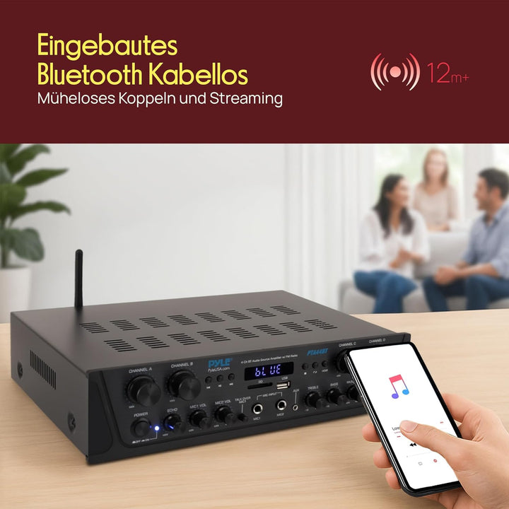 Pyle Bluetooth Stereo Verstärker 500W – 4-Kanal Mini Receiver mit USB, AUX, FM-Radio, Subwoofer RCA