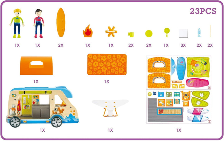 Hape Abenteuer-Van | Wohnmobil mit Puppen und Zubehör, der Camper ist aufklappbar, ab 3 Jahren