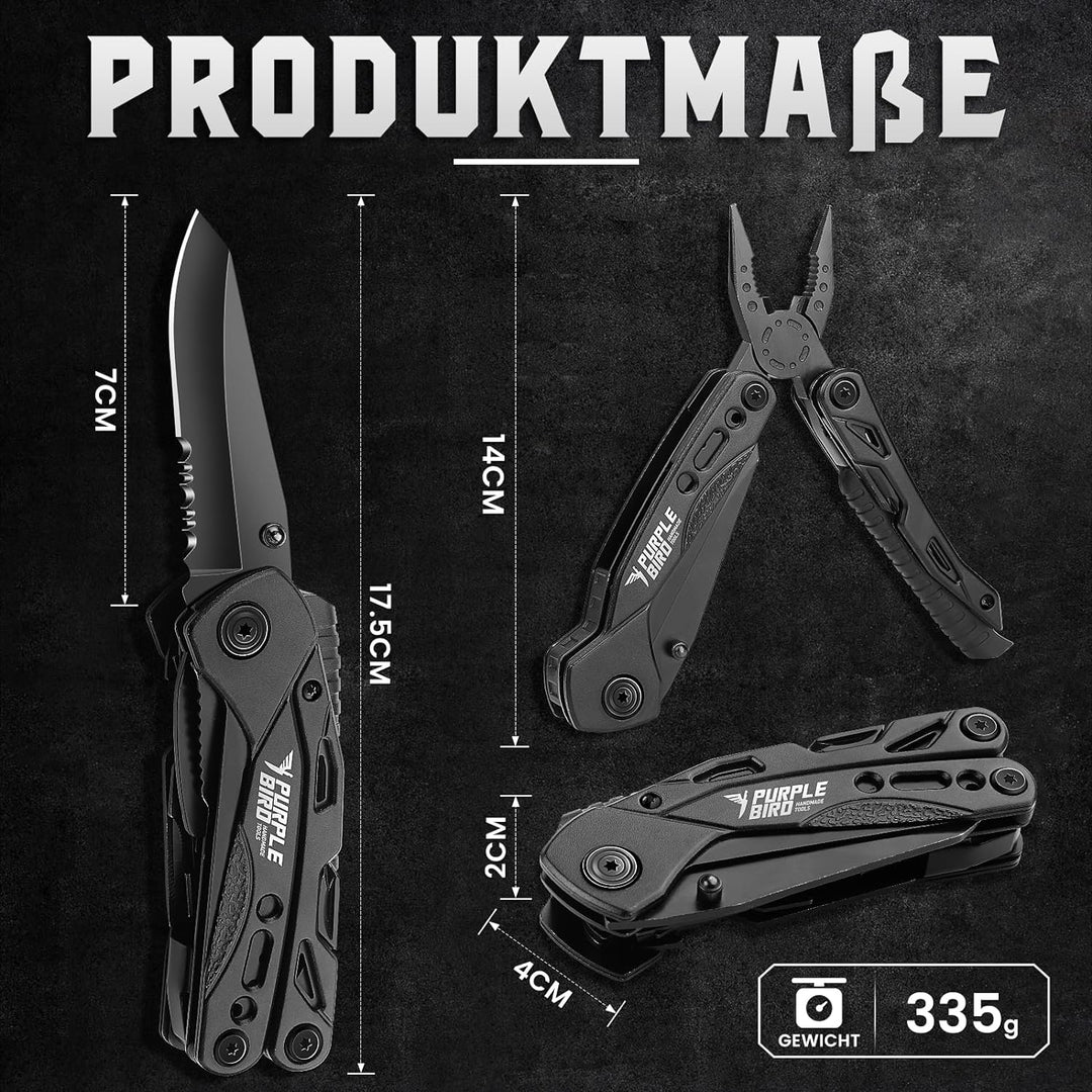 PURPLEBIRD Multitool Werkzeug 16 in 1 Survival Faltbares Gadgets mit Taschenmesser und 9 Bits Multif