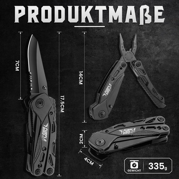 PURPLEBIRD Multitool Werkzeug 16 in 1 Survival Faltbares Gadgets mit Taschenmesser und 9 Bits Multif