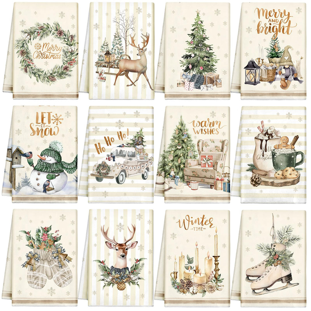 12 Stück Weihnachts-Küchentücher und Geschirrtücher, saugfähig, Weihnachtsbaum, Rentier, LKW, Handtü