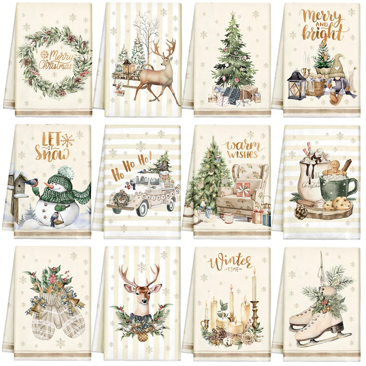 12 Stück Weihnachts-Küchentücher und Geschirrtücher, saugfähig, Weihnachtsbaum, Rentier, LKW, Handtü