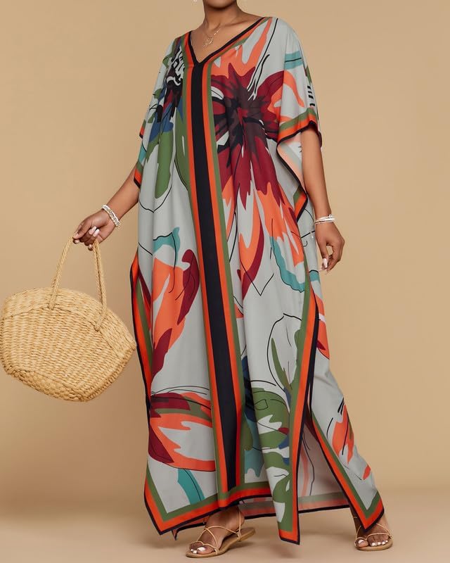 Bsubseach Damen Kaftan Kleider Batwing Sleeve Strandkleid V-Ausschnitt Caftan Maxi Kleid Sommer Blau