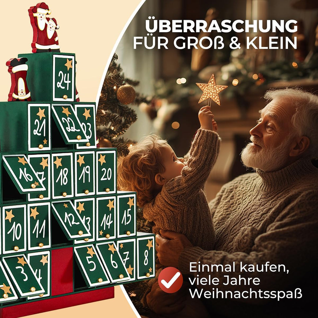 Spielwerk® Wiederverwendbarer Adventskalender Tannenbaum zum Befüllen 24 Türchen Bunt Bemalt Weihnac
