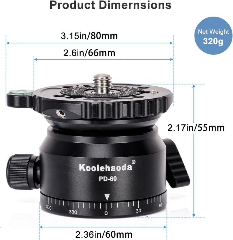 Koolehaoda PD-60 Stativ Nivellierbasis Leveling Base mit 3/8 Zoll Gewinde und 360° Panorama-Basis, 1