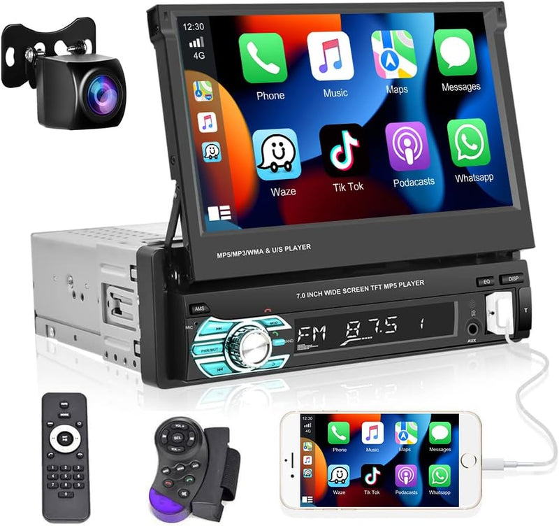 Podofo Autoradio 1 Din mit Apple Carplay Android Auto 7-Zoll Auto Stereo Radio mit Einziehbarem Bild