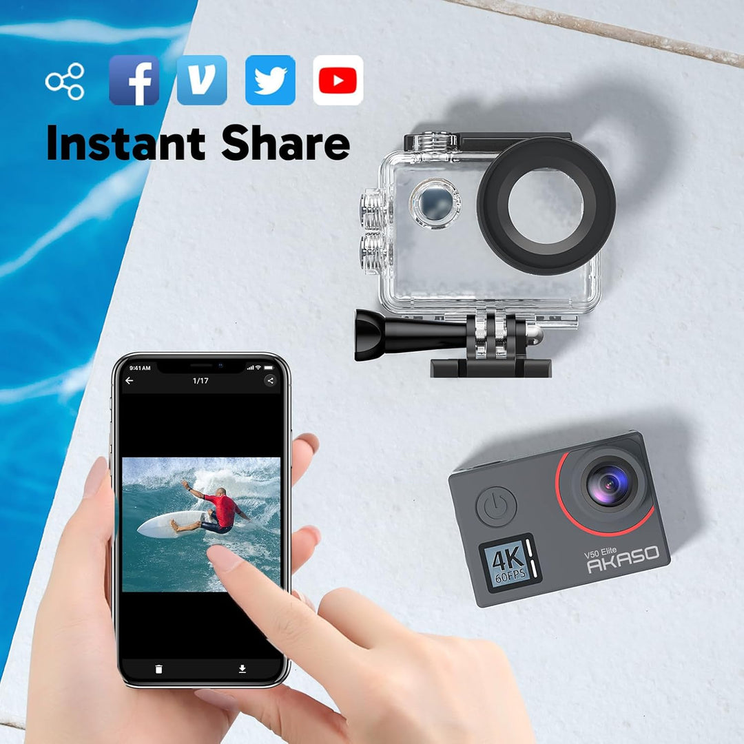 AKASO Action cam 4K/60fps /Action Kamera 20MP WiFi mit Touchscreen EIS 40M unterwasserkamera V50 Eli