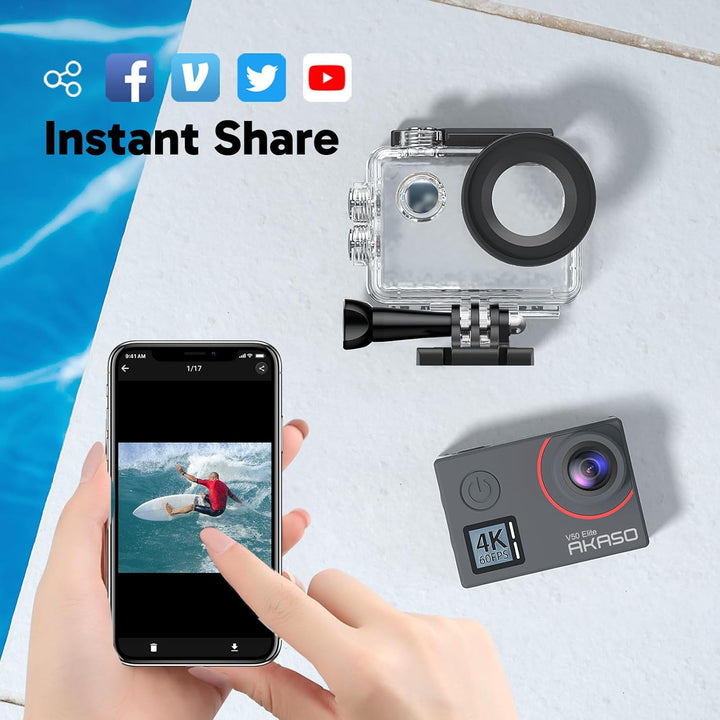 AKASO Action cam 4K/60fps /Action Kamera 20MP WiFi mit Touchscreen EIS 40M unterwasserkamera V50 Eli