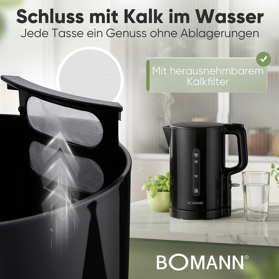 Bomann Wasserkocher 1,7L | 2200W für schnelles Erhitzen | BPA frei | Einhandbedienung | Wasserstands
