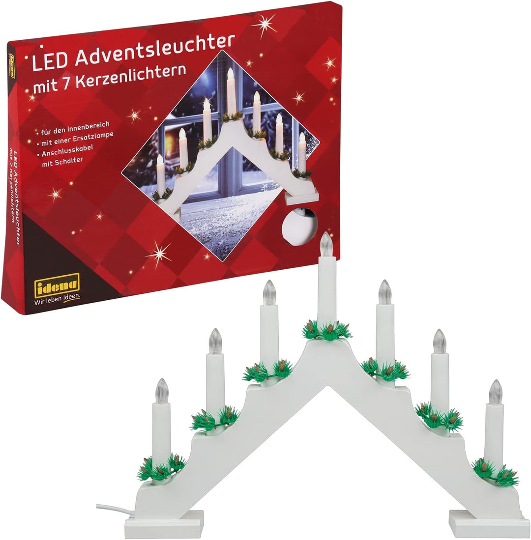 Idena 31837 - LED Adventsleuchter aus weiss lackiertem Holz mit 7 warmweissen LED Kerzenlichtern, Sc