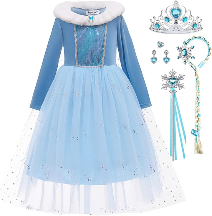 Snyemio Elsa Kostüm Mädchen Prinzessin Eiskönigin Kinder Kleid Eisprinzessin Verkleidung Langarm für