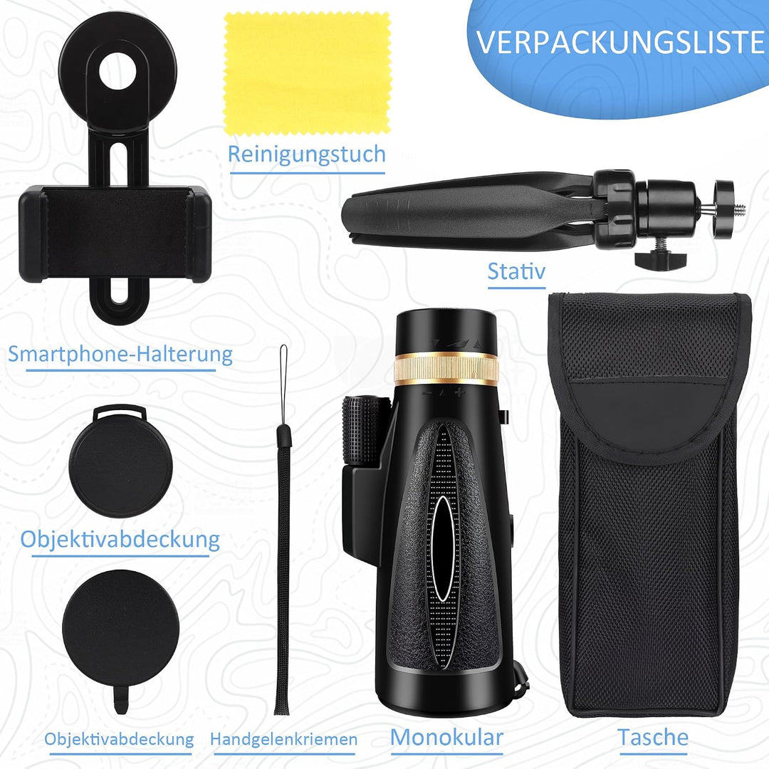 Monokular Teleskop 30X60 HD Monokular Fernrohr Erwachsene - Dark Black | mit Halterung Stativ FMC BA