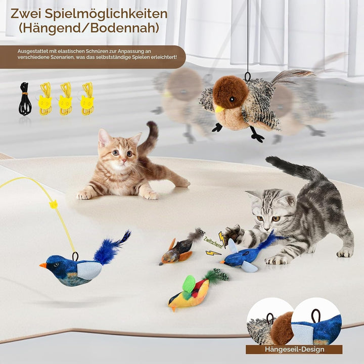 4 St Interaktives Katzenspielzeug Fliegender Vogel, Aufladbares Vogel Spielzeug Katze mit 3 Klein Vo