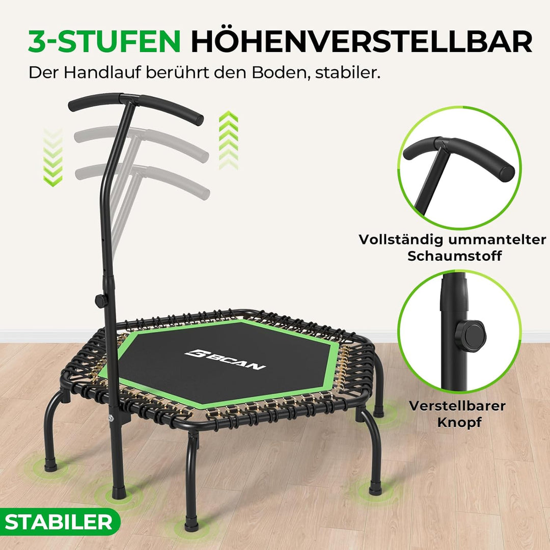 BCAN 250KG Mini-Trampolin, Ø 123CM Fitness-Trampolin mit Bungees, 3-Fach Verstellbarer Schaumstoffgr