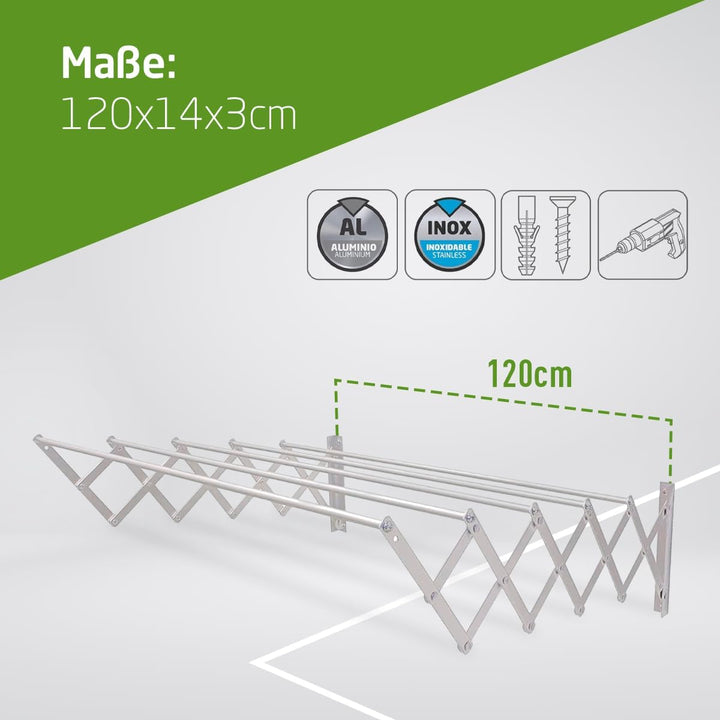 Amig - Wäscheständer Wandmontage | Trockenlänge aus Aluminium | Ausziehbare Wäscheleine mit 5 Stange