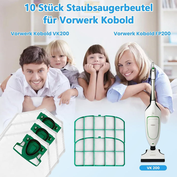 10 Staubsaugerbeutel mit 2 Filter für Vorwerk Kobold VK200 FP200 fwk200-10+2+2, fwk200-10+2+2