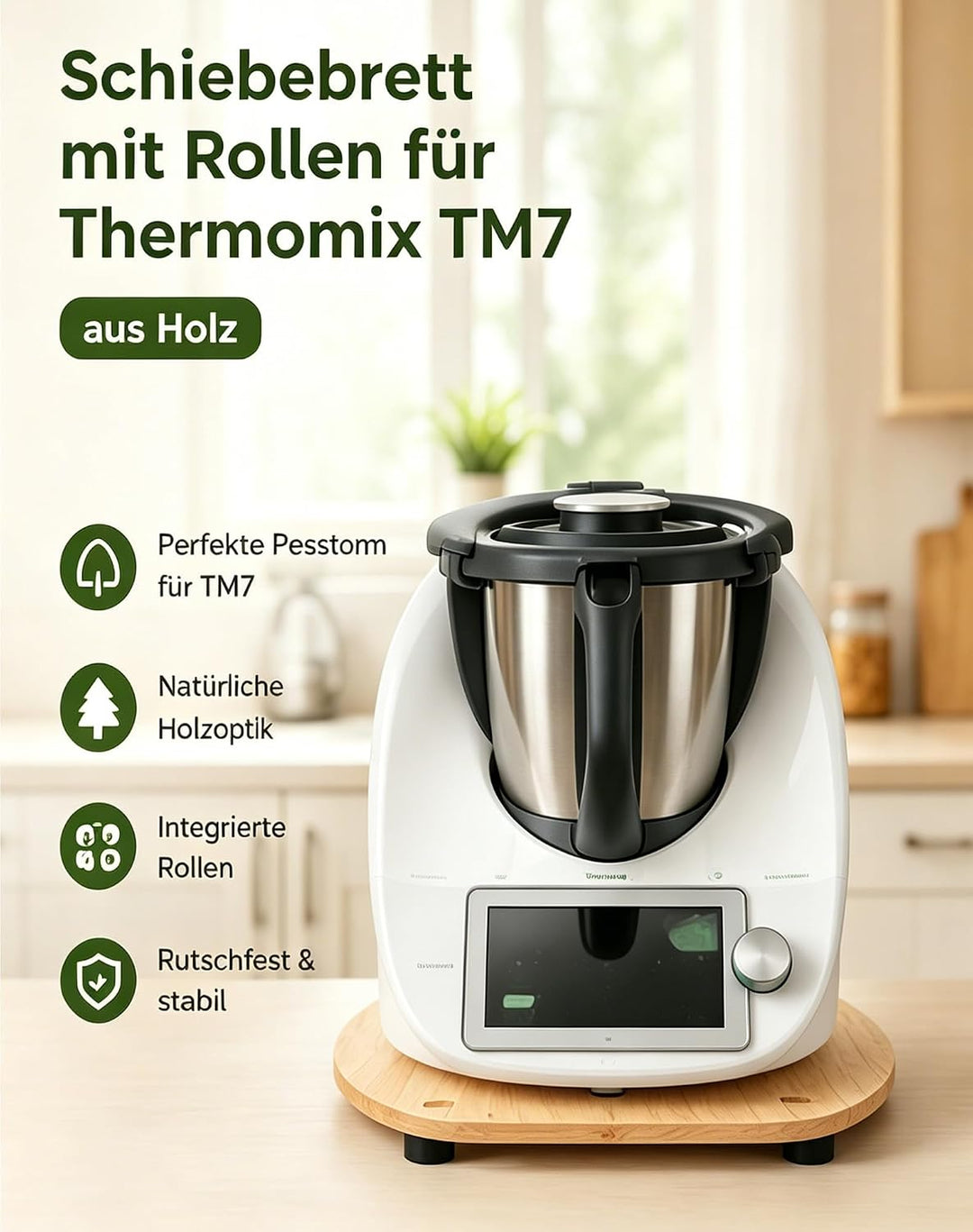Gleitbrett für Thermomix TM7, Brett für Thermomix mit Rollen &amp; Gummifüssen, Schützt die Waage, Robus