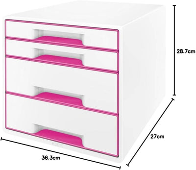 Leitz CUBE Schubladenbox mit 4 Schubladen, Weiss/Pink, A4, Inkl. transparentem Schubladeneinsatz, WO