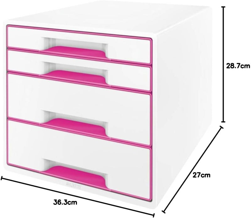 Leitz CUBE Schubladenbox mit 4 Schubladen, Weiss/Pink, A4, Inkl. transparentem Schubladeneinsatz, WO