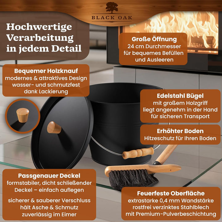 BLACK OAK Ascheeimer PAGO 5L - schwarz mit Deckel mit Holz-Griff + Feger + Schaufel & Handschuhen -
