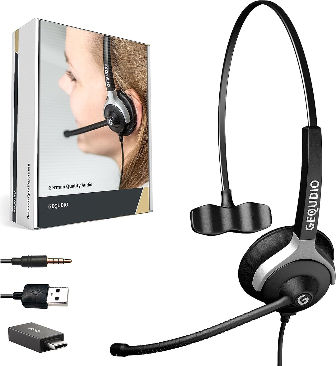 GEQUDIO [3in1] Business Headset mit USB-A, USB-C und 3,5mm Klinke kompatibel mit PC, Mac und Smartph