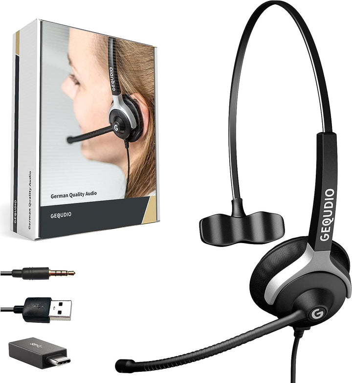 GEQUDIO [3in1] Business Headset mit USB-A, USB-C und 3,5mm Klinke kompatibel mit PC, Mac und Smartph
