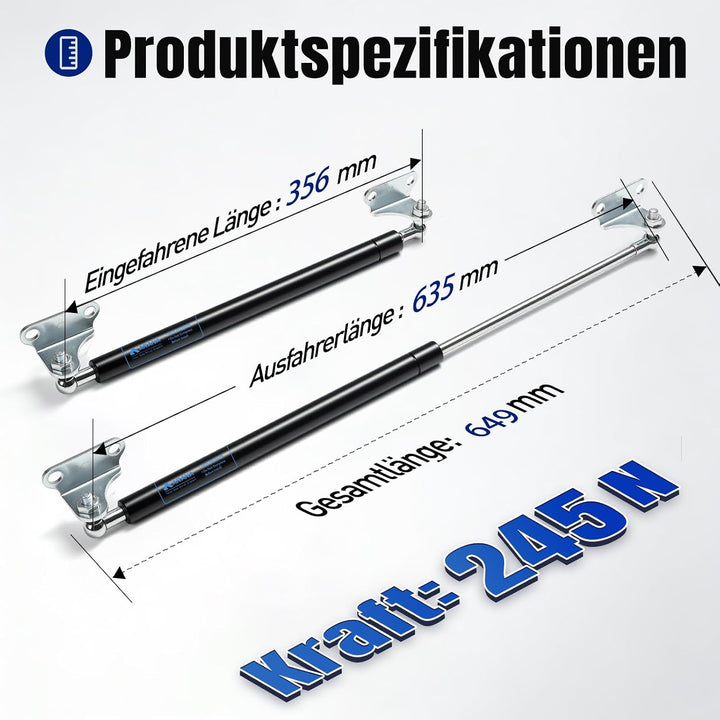 ARANA Gasfedern 635 mm (245 N/25 kg, Typ-L) mit hydraulischem Gasdruckdämpfer, Arm - Betthalterung f