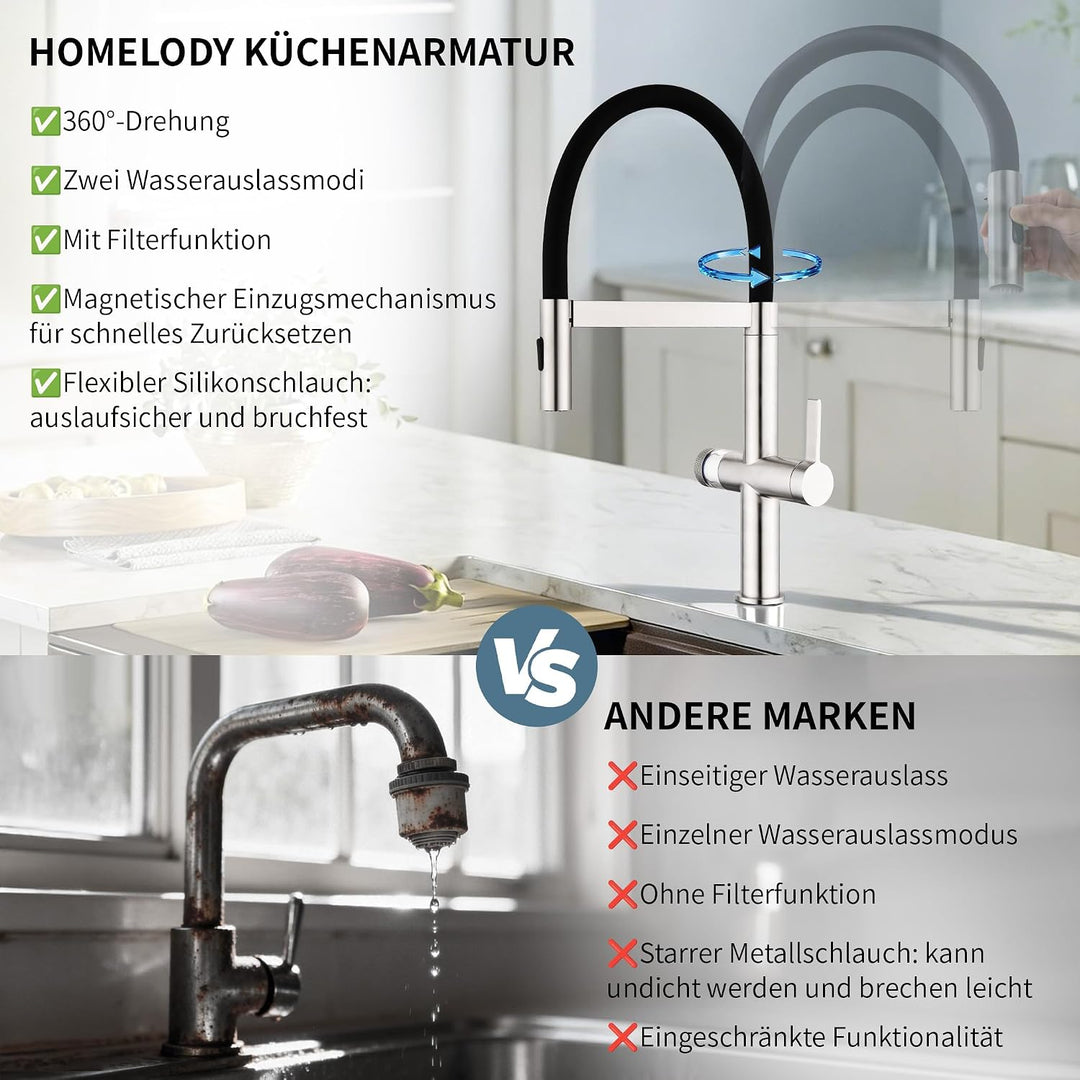 HOMELODY Wasserhahn Küche mit Filter, Hoher Bogen Küchenarmatur mit Ausziehbarer Brause, 360°Drehbar