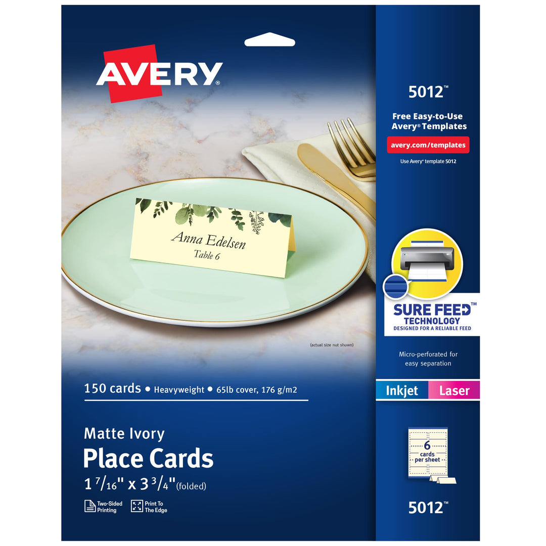 Avery Bedruckbare Tischkarten mit Sure Feed-Technologie, 4,8 x 9,5 cm, strukturiertes Elfenbein, 150