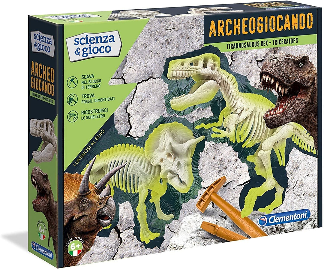 Clementoni 13984 Archeogiocando T-Rex & Triceratopo Wissenschaftliches Spiel, bunt T-Rex und Tricera