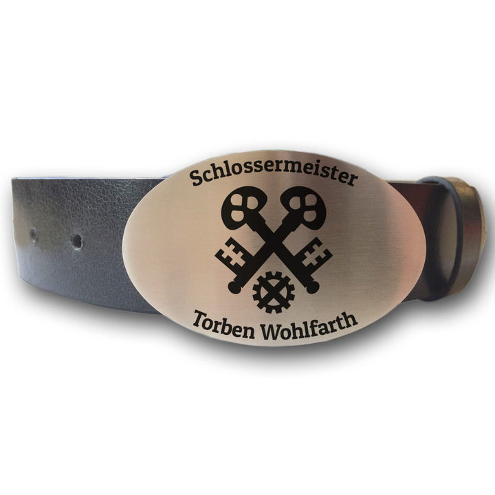 Ledergürtel mit ovaler Gürtelschnalle Zunftzeichen Schlosser Metallbauer und Wunschgravur personalis