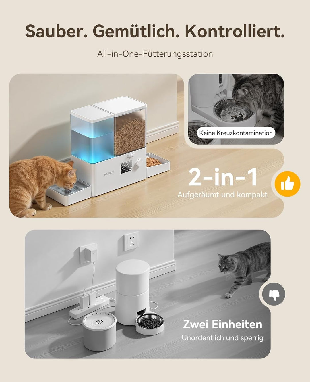 Rojeco 2-in-1 Futterautomat und Wasserspender, 5L Trockenfutter Automat für Katzen mit 3.5L Wasserta