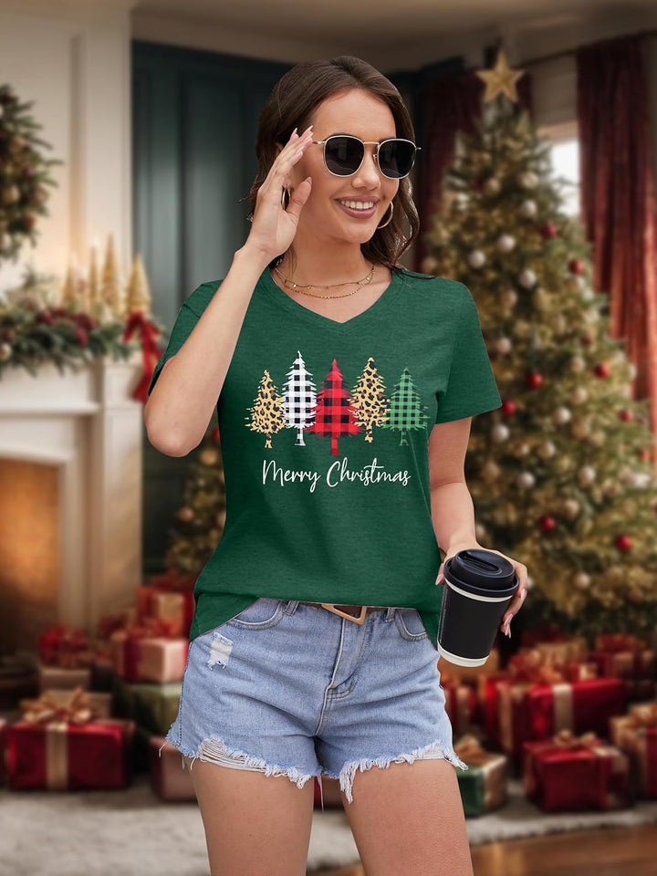 hohololo Weihnachts Tshirt Damen Christmas Shirt Merry Christmas V-Ausschnitt-T-Shirt Grün2 L, Gr&#x