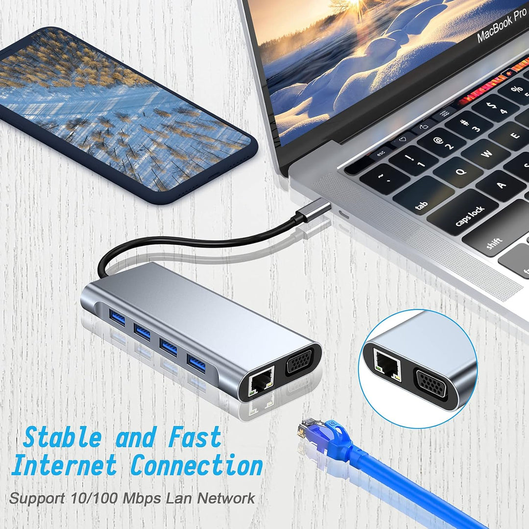 USB C HUB, Docking Station, 11-in-1 USB C Adapter mit 4K-HDMI, VGA, USB 3.0 Port, Type C PD, Etherne