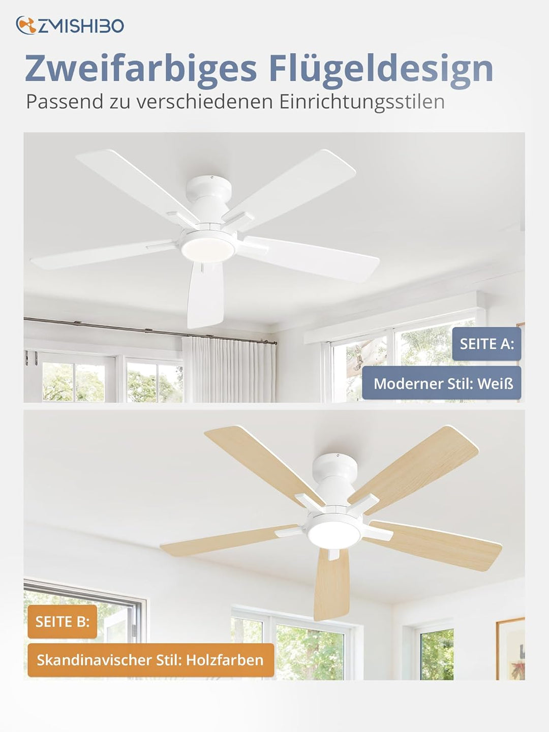 ZMISHIBO Deckenventilator mit Beleuchtung Ø117 cm,Leiser & Reversibler DC-Motor,Einstellbares LED 30