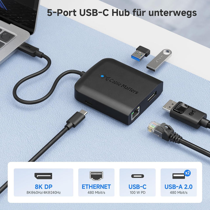 Cable Matters USB C Multiport Adapter DisplayPort 8K 60Hz (USB C Adapter mit DP 1.4, 2X USB 2.0, 480