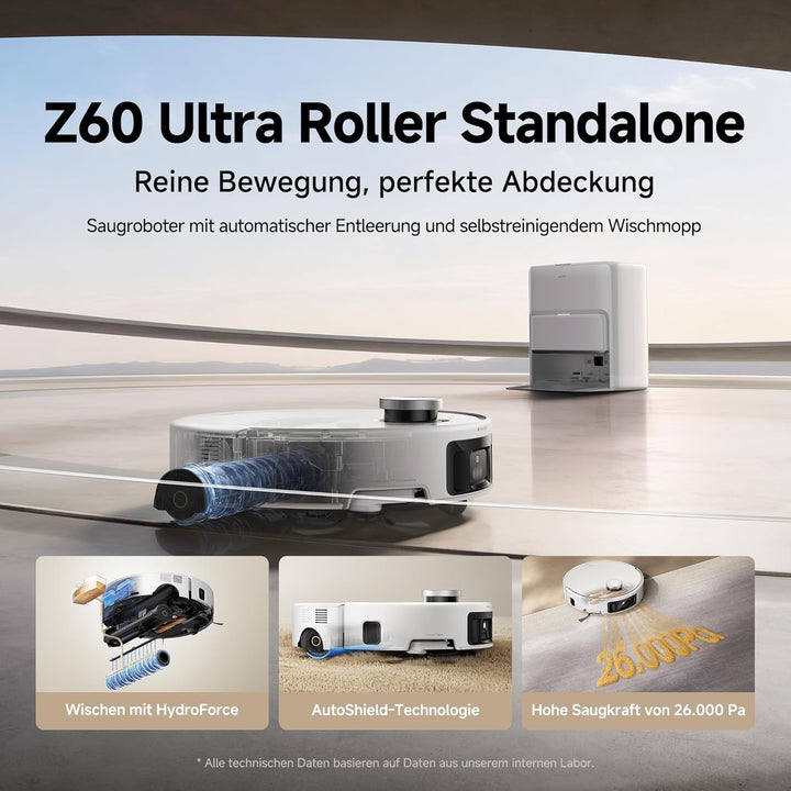 Mova Z60 Ultra Roller Standalone Saugroboter, 26.000 Pa Saugkraft, HydroForce-Wischen, MaxiReach-Tec