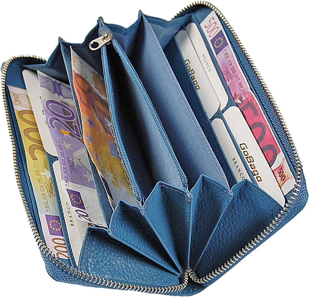 GoBago Damen Geldbörse Leder Portemonnaie Geldbeutel Damenbörse mit RFID Schutz (Blau), Blau