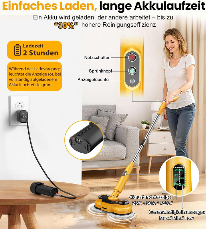Qimedo Elektrischer Wischmopp 5000mAh, 800 U/min Kabellos Bodenwischer Elektrisch Mopp Rotierender A