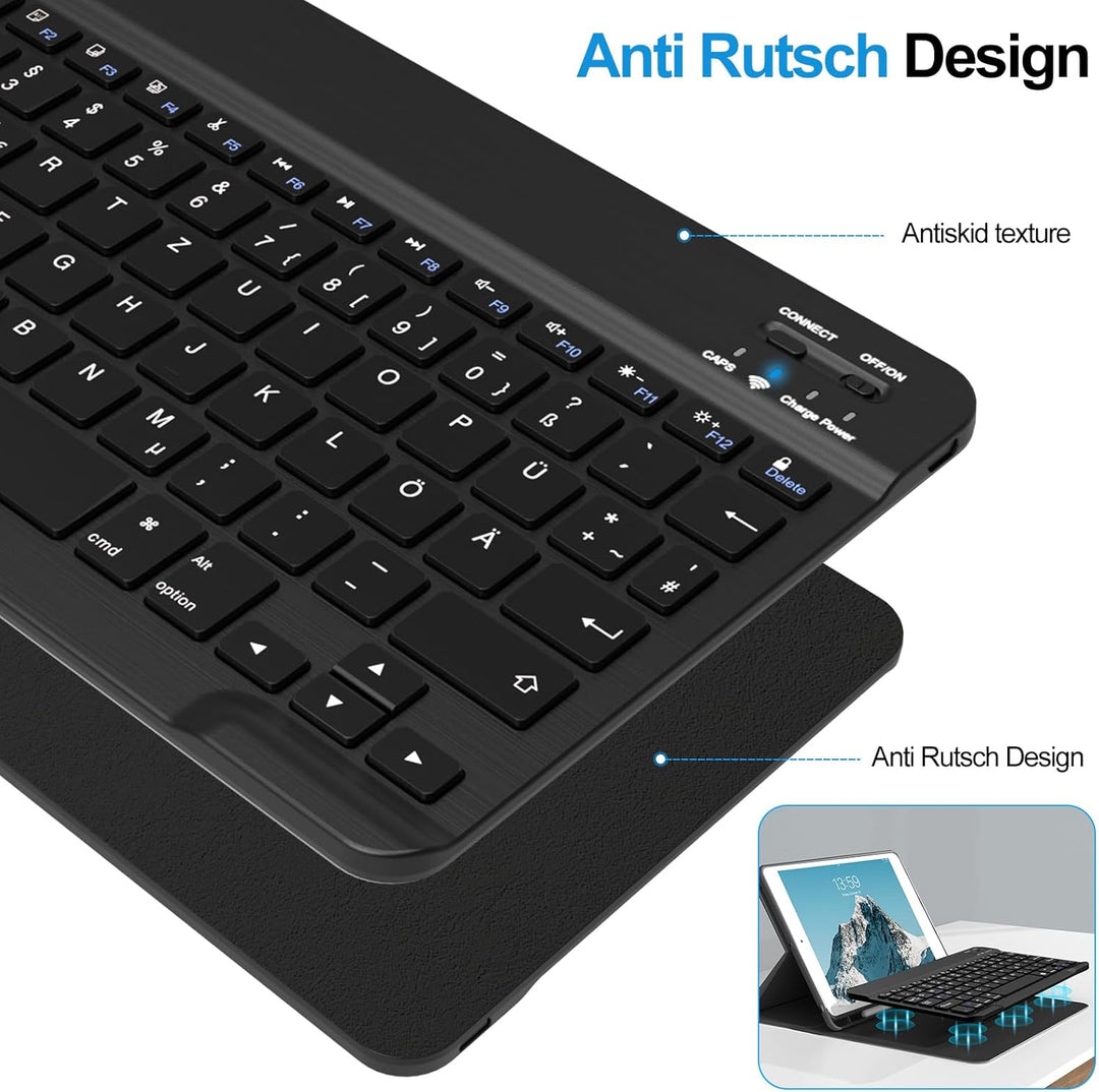 ZOYU Bluetooth Tastatur mit QWERTZ Layout für iPad Air, Pro, 10,2, 9,7, Mini, Tablets, PC, Windows,