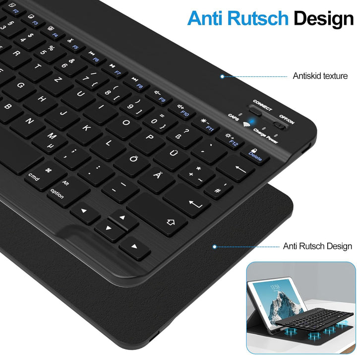 ZOYU Bluetooth Tastatur mit QWERTZ Layout für iPad Air, Pro, 10,2, 9,7, Mini, Tablets, PC, Windows,