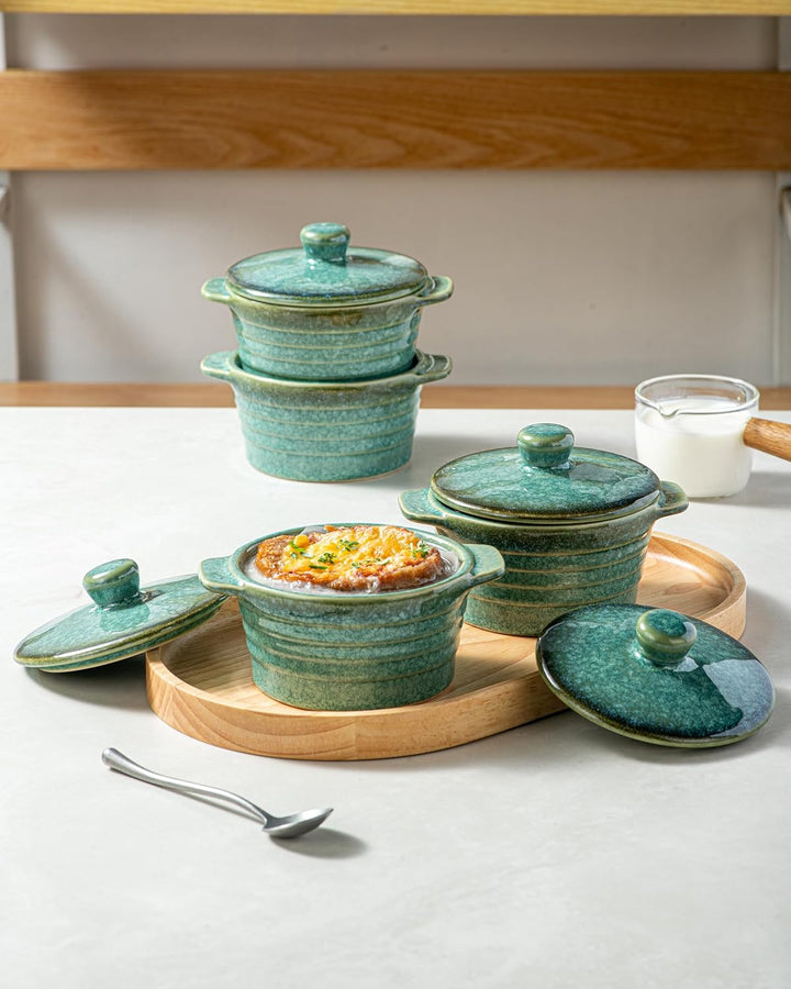 HENXFEN LEAD Mini Cocottes aus Steinzeug, 230ml Auflaufförmchen Souffle Förmchen mit Deckel, 4er-Set